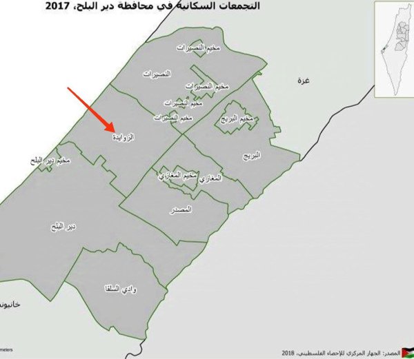 خارطة توضح موقع قرية الزوايدة نقلاً عن الجهاز المركزي للإحصاء الفلسطيني