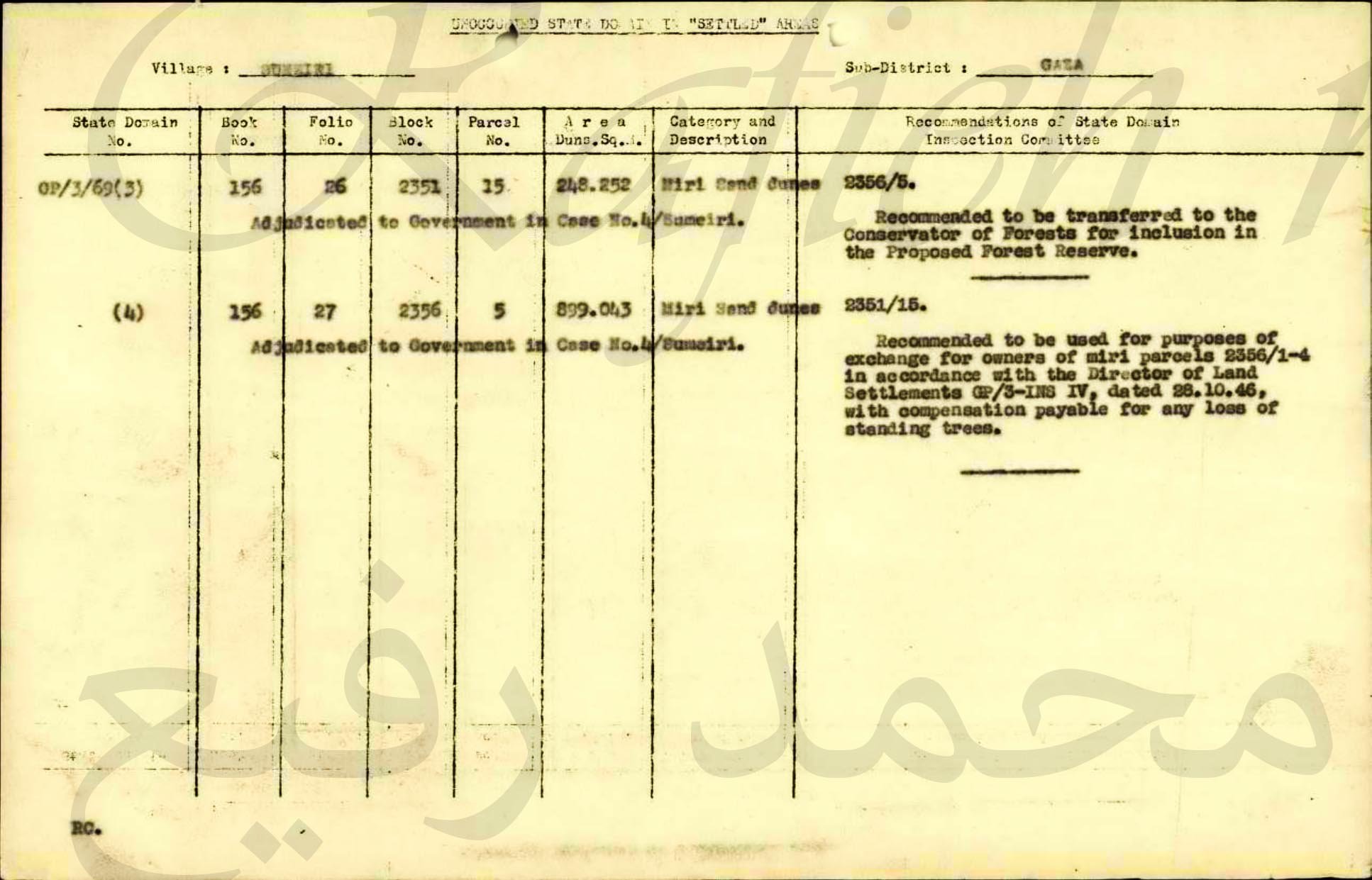 تسجيل (أراضي الدولة) و(الأراضي الأميرية) في (منطقة السميري؛ قضاء غزة؛ فلسطين) في العام 1947، نقلًا عن الباحث محمد رفيع تسجيل (أراضي الدولة) و(الأراضي الأميرية) في (منطقة السميري؛ قضاء غزة؛ فلسطين) في العام 1947، نقلًا عن الباحث محمد رفيع