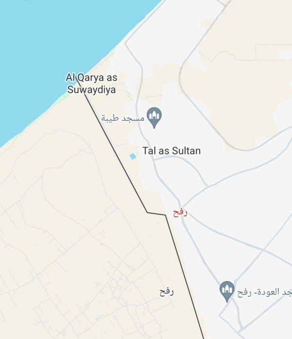 خارطة تبين موقع مدينة رفح الفلسطينية تقابلها مدينة رفح المصرية
