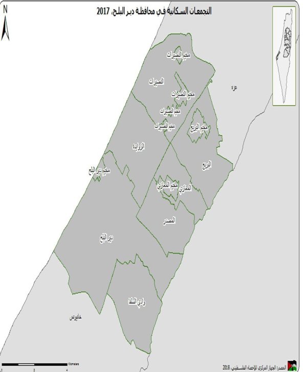خارطة توضح أسماء قرى وبلدات محافظة دير البلح، نقلاً عن الجهاز المركزي للإحصاء الفلسطيني