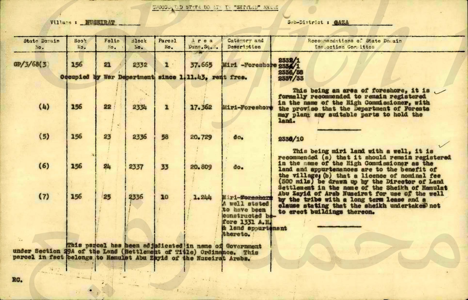 تسجيل (أراضي الدولة) و(الأراضي الأميرية) في (منطقة النصيرات؛ قضاء غزة؛ فلسطين) في العام 1947، نقلًا عن الباحث محمد رفيع تسجيل (أراضي الدولة) و(الأراضي الأميرية) في (منطقة النصيرات؛ قضاء غزة؛ فلسطين) في العام 1947، نقلًا عن الباحث محمد رفيع