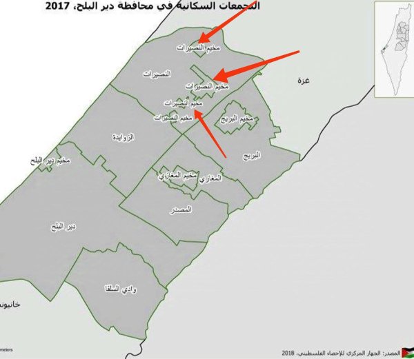 خارطة توضح موقع مخيم النصيرات وتوسعه داخل بلدة النصيرات نقلاً عن الجهاز المركزي للإحصاء الفلسطيني