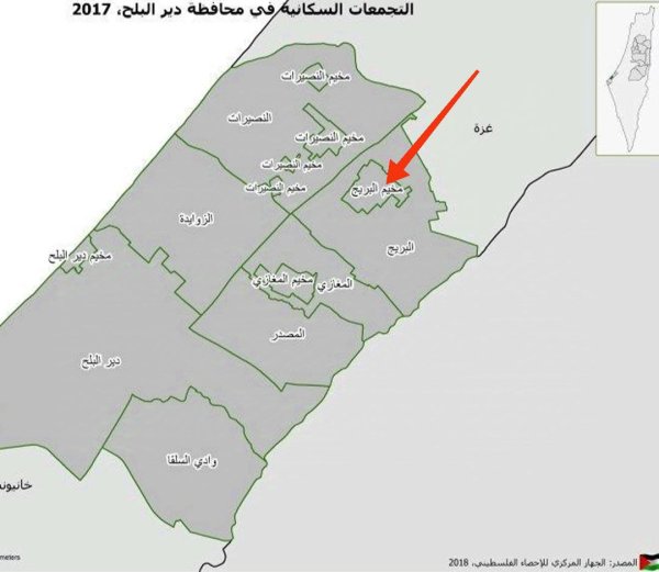 خارطة توضح موقع مخيم البريج وحدوه داخل بلدة البريج نقلاً عن الجهاز المركزي للإحصاء الفلسطيني