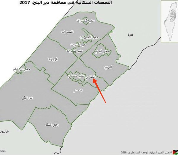 خارطة توضح موقع بلدة المغازي نقلاً عن الجهاز المركزي للإحصاء الفلسطيني