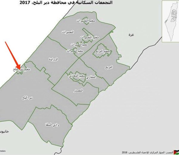 خارطة توضح موقع مخيم دير البلح نقلاً عن الجهاز المركزي للإحصاء الفلسطيني
