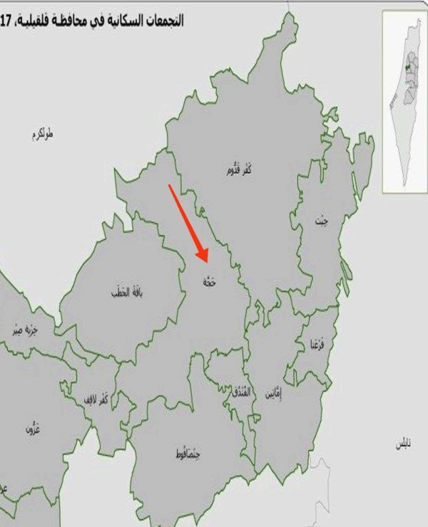 خارطة تظهر موقع قرية حجة وما يجاورها من قرى وبلدات