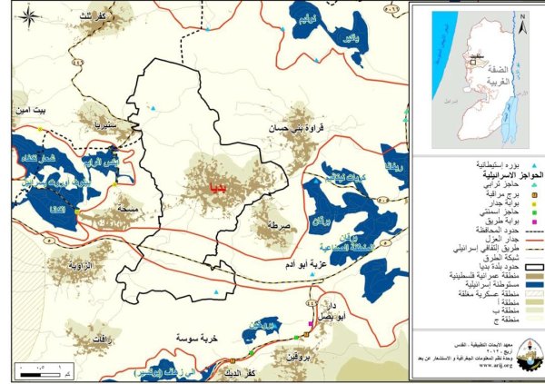 خارطة توضح موقع بلدة بديا، نقلاً عن معهد الأبحاث التطبيقية- أريج