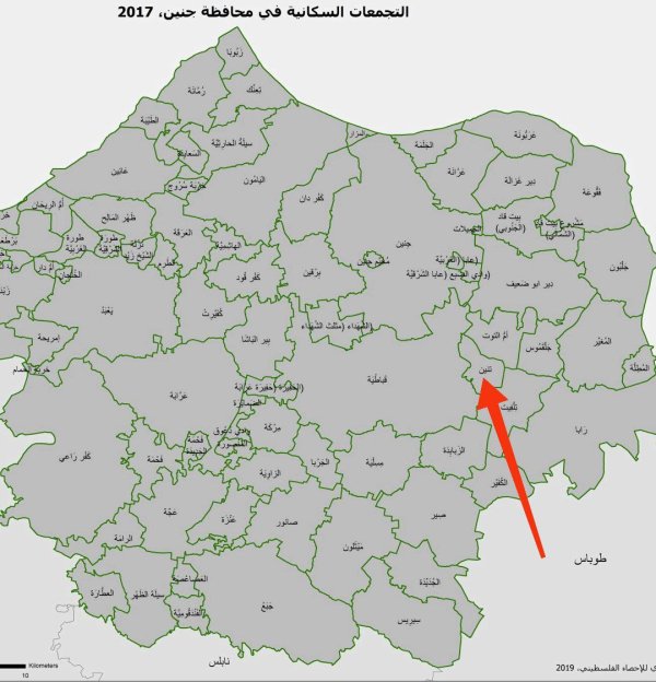 خارطة توضح موقع قرية تنين، نقلاً عن الجهاز المركزي للإحصاء الفلسطيني