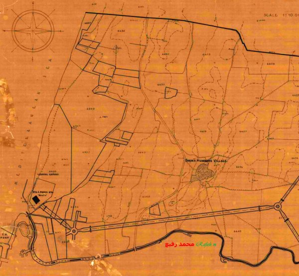الخريطة التفصيلية العُمرانية لـ(قرية الشيخ مْوَنِّسْ؛ يَافا؛ فلسطين) في العام 1938، نقلا عن الباحث حمد رفيع