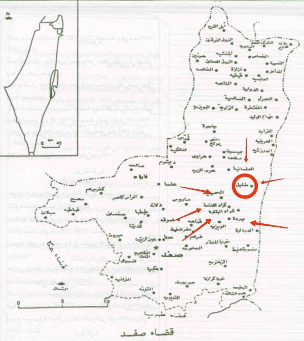 خارطة توضح أسماء القرى التي كانت تحد قرية تليل