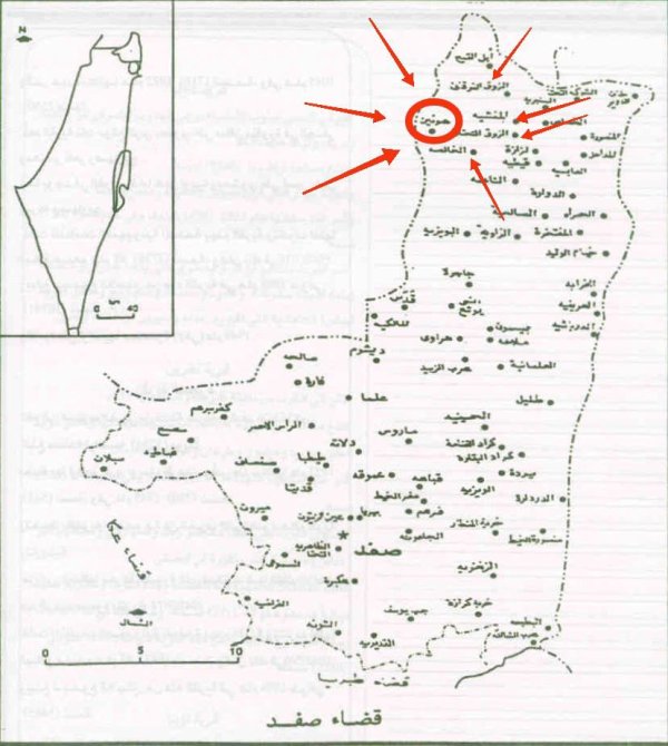 خارطة توضيحية لموقع قرية هونين وحدودها من القرى والبلدات