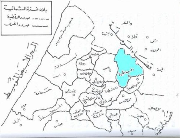موقع قرية المسمية الكبيرة في قضاء غزة