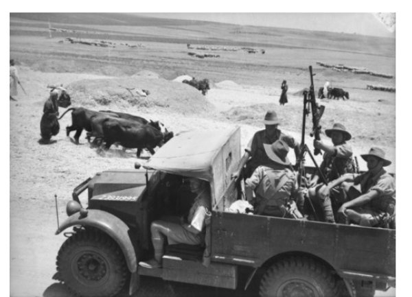 بيادر القمح في قرية قسطينة عام 1940، ويظهر في الصورة بعض الجنود البريطانيين